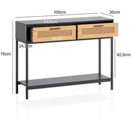 Wohnling Konsolentisch Schwarz Metall, Wiener Geflecht, 2 Schubladen rechteckig, eckig, 30x75x100 cm Anrichte Ablagetisch Flurtisch mit und Ablage, Dielentisch Lang Hoch Rattan