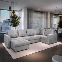 masseno Ecksofa LORIVO R-S mit Schlaffunktion U-Form, Sofa mit Bettkasten, Wohnzimmersofa, Couch, Soffa, Bettsofa, Couchgarnitur- Hellgrau, Paros 05