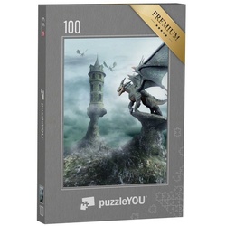 puzzleYOU Puzzle Von Drachen bewachter Turm, 100 Puzzleteile, puzzleYOU-Kollektionen Drache, Tiere aus Fantasy & Urzeit