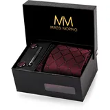 MASSI MORINO Krawatte Weinrot Quadrat mit Einstecktuch Set Herren inkl. Manschettenknöpfe, Krawattennadel und Geschenkbox - Männer Krawattenset zur Hochzeit - Einheitsgröße