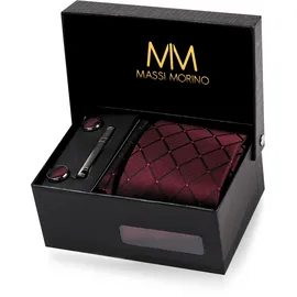 MASSI MORINO Krawatte Weinrot Quadrat mit Einstecktuch Set Herren inkl. Manschettenknöpfe, Krawattennadel und Geschenkbox - Männer Krawattenset zur Hochzeit - Einheitsgröße