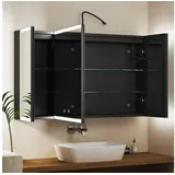 WDWRITTI Badezimmerspiegelschrank mit LED Spiegelschrank Bad mit Beleuchtung 100cm x 60cm Metall 3-türig (Alu-Schranktür, Stahl Schrank-Korpus, Doppel Spiegel, Kalt/Neutral/Warmweiß, Dimmbar, Anti-Fog, Speicherfunktion) vormontiert geliefert, Wandmontage, Eingebautemontage, mit Netzadapter schwarz