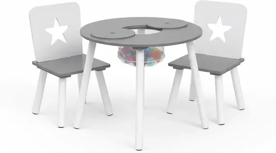 WOLTU 3-teiliges Kindermöbel-Set: Runder Tisch & 2 Stühle, Weiß/Grau, für Vorschulkinder
