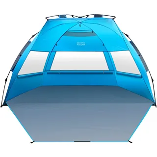 OutdoorMaster Strandmuschel Pop Up, 3-4 Personen Strandzelt mit UPF 50+ UV Schutz, einfacher Aufbau in 60 Sekunden, wetterfestes Campingzelt mit abnehmbarem Dachfenster (Blau)