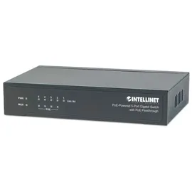 Intellinet Network Solutions INTELLINET 5-Port Switch Power over Ethernet - Gigabit PoE+ Injektor 240V, Passthrough, PoE+ Adapter mit 200m Reichweite, lüfterfrei & leise - Schwarz