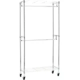 Amazon Basics Doppel-Kleiderstange Offen mit Rädern und Höhenverstellbaren Regalen - Maximalgewicht 181 kg, Chromfarben, 91 cm L x 35,5 cm W x 183 cm H