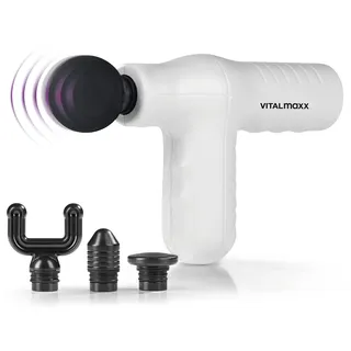 VITALmaxx Mini Massage Gun Smart Grip | Massagepistole mit 4 Aufsätzen für unterschiedliche Muskelgruppen | Integrierter Drucksensor mit 5 Leistungsstufen für eine intensive Massage [Weiß]