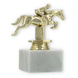 Pokal Kunststofffigur Springreiten gold auf weißem Marmorsockel 12,8cm