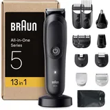 Braun All-in-One Series 5 Groomingset 13-in-1, Nasenhaartrimmer, ultrascharfe Klinge, Rasierer Herren Elektrisch, Body Rasierer, Barttrimmer und Haarschneider, Körpertrimmer, AIO5565, Schwarz