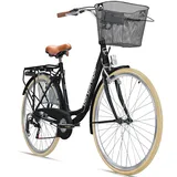 Bergsteiger Paris 26,28 Zoll Damenfahrrad, ab 140 cm, Korb, Fahrrad-Licht, 6 Gang-Schaltung, Damen-Citybike, Damenrad im Retro-Design