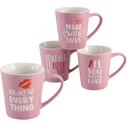 Becher CREATABLE "Kaffeebecher Love Collection", rosa (hellrosa), 420ml, 4 tlg., Porzellan, Trinkgefäße, mit Liebeserklärung, Tassen Set, 4-teilig