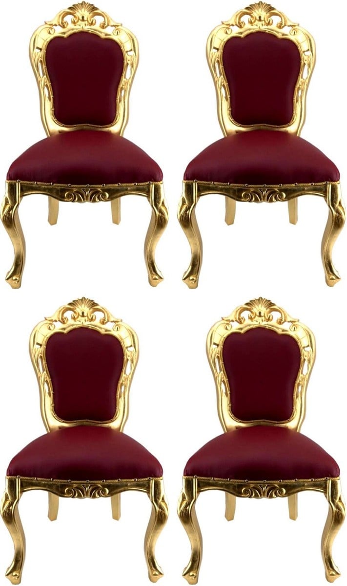 Casa Padrino Luxus Barock Esszimmerstuhl Set Bordeauxrot / Gold - 4 handgefertigte Esszimmerstühle mit Lederoptik - Barock Esszimmer Möbel