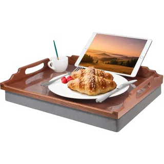 DRELIFAM Knietablett mit Kissen, Betttablett aus Holz zum Essen, Knietablett in Liege, Frühstückstablett, TV-Abendessen, Bett, Essens-Tabletts (Sapeli-Holz)