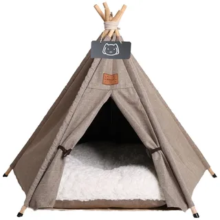 Meowmellow Tipi Zelt für Haustiere Hundezelt Katzenzelt mit Plüschkissen Haustierzelte Häuser für Katzen und Hunde Hundehöhle und Haustierhäuser Wegklappen Haustier Zelt Möbel 50x50x60cm