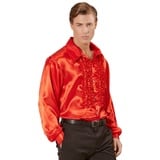 NET TOYS 70er Jahre Rüschenhemd Satinhemd Männer Rot M/L 48-52 Satin Hemd Herren Retro Discohemd Schlager Schlagerhemd Disco Herrenkostüm Faschingskostüm