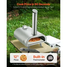 Vevor Pizzaofen Outdoor 12 Zoll Pellet-Pizzaofen, tragbarer Pizzaofen mit eingebautem Thermometer & holzbefeuerter & Pizzastein & Schaufel & Tragetasche Pizzamaker aus Edelstahl, für Garten Camping