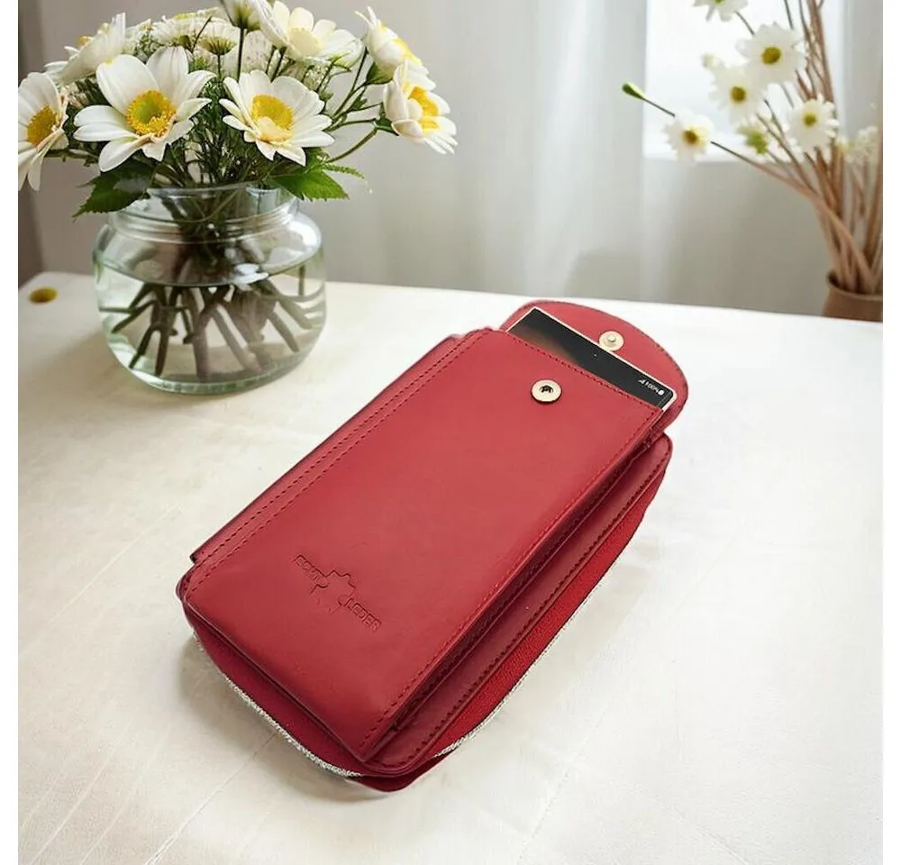 Lemasi Geldbörse echt Leder Portemonnaie, Smartphonetasche, Umhängetasche, abnehmbarer Schultergurt, auch für größere Smartphones, rot rot