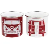 VW Collection - Volkswagen 2er Set Emaille Kaffee-Tee-Cappuccino-Tasse-Becher-Haferl Mug für Camping & Outdoor T1 Bus (350 ml x2/Rot & Weiß)