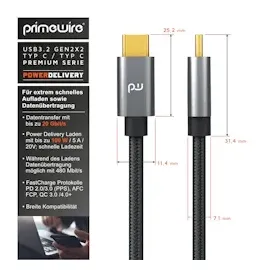 Primewire 2m USB C 3.2 Kabel Gen 2x2-100W PowerDelivery Ladekabel - Datenkabel 20 Gbit/s - Schnellladekabel - USB 3.2 Gen2x2 - Nylonummantelung - 2m