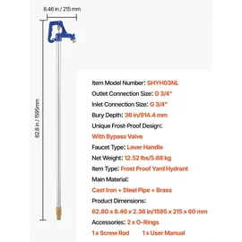 Vevor Frostsicherer Hofhydrant 1595 mm blau