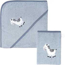 Wörner Handtuch Set WÖRNER "Zebra blau Kapuzenbadetuch 100/100 mit Waschhandschuh", blau, 2 Stk., Zebra, Frottier, Frottier, Obermaterial: 100% Baumwolle, Handtücher, mit süßer Zebrastickerei