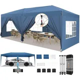 Hoteel Pavillon 3x6 Faltpavillon 3x6 Wasserdicht Stabil Winterfest,Partyzelt 3x6 Pop Up Pavillion Klappbar mit 6 WändeN|4 Sandsäcke|3 Höhenverstellbar|UV-Schutz,Blau