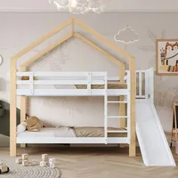 Merax Etagenbett 90x200cm mit Rausfallschutz und Lattenrost, Kinderbett mit Rutsche und Leiter, Hochbett Massivholzbett Stockbett Hausbett, Weiß - Weiß/Naturbelassen