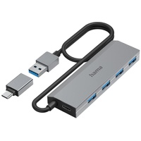 Hama USB-Hub 4 Ports (USB-A und USB-C-Anschluss, mit Netzteil, 4x USB-A für Maus, Tastatur, externe Festplatte, USB-Stick etc., Aluminium-Gehäuse, USB-Adapter für Büro, Home Office)