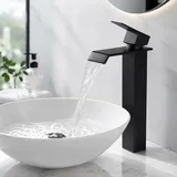 HOMELODY Wasserhahn Bad Schwarz, Wasserfall Einhandmischer Mischbatterie Waschbecken Waschtischarmatur mit Auslauf Höhe 247MM, Energiesparend Armatur Badezimmer, Eckig