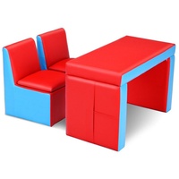 COSTWAY Kindersofa, Kindertisch mit 2 Stühlen mit Stauraum, 2 in 1 umwandelbar rot