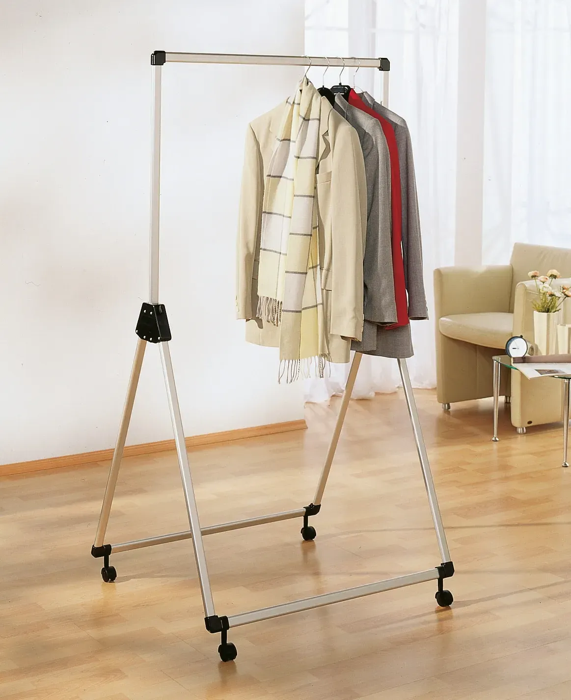Kleiderständer RUCO, grau (aluminiumfarben, schwarz), B:86cm H:165cm T:66cm, Aluminium, Kunststoff, Garderobenständer, Aluminium/Kunststoff, höhenverstellbar, fahrbar