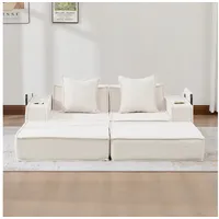 KLAM HOME Schlafsofa Zweisitzer Schlafsofa aus Cord mit Hocker, Stauraum & Getränkehaltern, Modernes Doppelschlafsofa Beige mit zwei Kissen, modulare Bauweise, Stoffsofa 2-Sitzer mit Fußhocker, ideal für Wohnzimmer & Leseecke beige