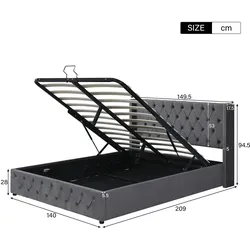 Merax Doppelbett 140*200cm, Polsterbett Ohrenform Doppelte Nietenreihe Flanell, Knopfnähte Kopf-und Fußende, Grau