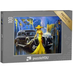 puzzleYOU Puzzle Auto und Mädchen, alte Stadt, Ölgemälde, 100 Puzzleteile, puzzleYOU-Kollektionen Gemälde, Kunst & Fantasy
