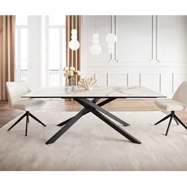DeLife Esstisch Edge 200x100 Keramik Calacatta Luxe Weiß-Gold-Grau Kreuzgestell Rechteck Schwarz, Esstische