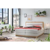 Belanoti Age Boxspringbett 160x200 Eiche 7-Zonen Taschenfederkern Matratze inkl Visco Topper Bett 160x200 in der Farbe Beige H2/H3 Polsterbett Hotelbett mit Massivholz Eiche Massivholzbett