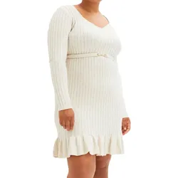 Damen Strick-Kleid Mini-Kleid mit Volant und Zierschnalle Langarm-Kleid Große Größen 924580 Creme meliert - 52/54