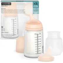 Suavinex Suavinex, Set Zero Zero-Babyflasche. Anti-Kolik-Babyflasche 270 ml mit Sauger mit mittlerem Nahrungsfluss + Sauger mit mittlerem Nahrungsfluss + Nachfüllbeutel