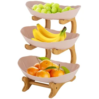 HIJNXG Obst Etagere 3 Stöckig Kunststoff Obstschale mit Bambusständer, Obstkorb Etagere für die Familie Obstschale Modern mit Hölzernen Ständer für Gemüse, Obst, Snacks (Beige)
