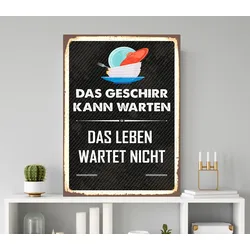 queence Metallbild »Geschirr kann warten«, Schriftzüge-Schriftzug, (1 St.), Stahlschilder queence Farbe Bild(er): weiß