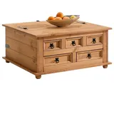 IDIMEX Truhentisch TEQUILA, Mexico Truhe mit Deckel & 5 Schubkästen, Kiefer Massivholz gewachst braun