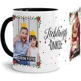 Tasse - Lieblings-Onkel - zum selbst Gestalten mit zwei Fotos - Fototasse für den Onkel - Keramik, Innen & Henkel Schwarz, 300 ml