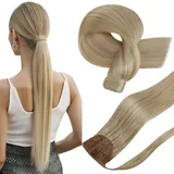 Ponytail Extension Echthaar Blond Zopf Extension Echthaar mit Clip Highlights Blond Gerade Remy Vollkopf Natürliche Invisible Haarverlängerung 70g 30 cm #12/613