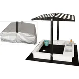 wondermake® Design Sandkasten mit Matschküche, Dach, Abdeckung OXFORD 420D, Vliesfolie, Sandkiste Holz quadratisch verschließbar Outdoor Garten für Kinder, schwarz weiß