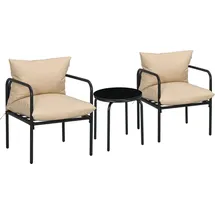 Outsunny 3tlg. Gartenmöbel-Set, Bistro-Set mit 2 Stühlen, 1 Couchtisch, Sitzkissen, Gartensitzgruppe für Balkon, Terrasse, - - Beige