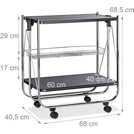 Relaxdays Servierwagen klappbar, 4 Rollen, Metall, 2 Böden, Gitterkorb, HxBxT 68,5 x 68 x 40,5 cm, Küchenwagen, Schwarz