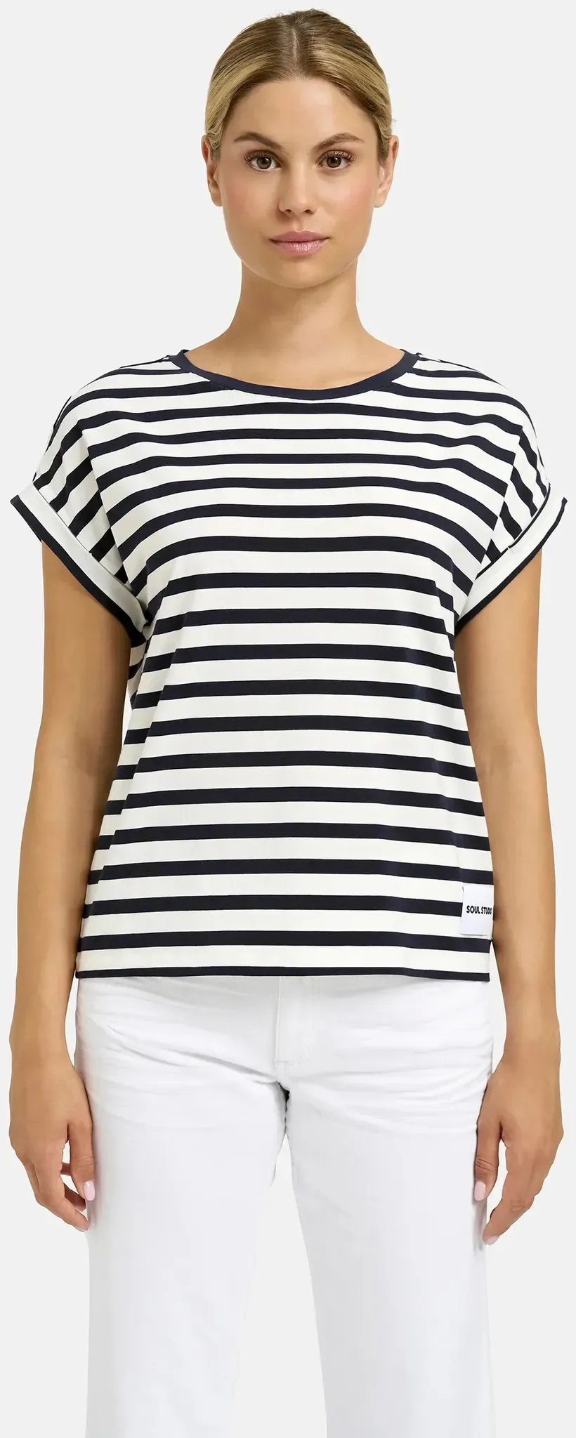 T-Shirt SMITH & SOUL, Damen, Gr. XXL, schwarz-weiß (marine), Single Jersey, Obermaterial: 46% Baumwolle, 46% Lyocell, 8% Elasthan, gestreift, normal, Rundhals, Umschlagsaum, Shirts T-Shirt, im gestreiften Design, Rundhalsform
