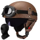 Deutscher Leder Motorrad Halbhelm für Erwachsene Männer Frauen, Vintage Halbschalen-Helm ECE Geprüft Halbschalenhelm mit Schutzbrille Visier, für Fahrrad Cruiser Scooter Chopper