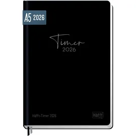 Häfft Häfft-Timer Buchkalender 2026 A5 "Black Edition" JANUAR DEZEMBER 2026, Hardcover Kalender, Terminplaner für junge Erwachsene - nachhaltig & klimafreundlich