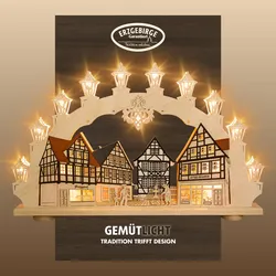 Schwibbogen WEIGLA "Altstadt, Fachwerkhaus, Lichterbogen aus Holz", beige (natur, braun), B:66cm H:41cm T:6cm, Holzwerkstoff, Schwibbögen, Erzgebirge garantiert, Weihnachtsdeko Innen, Weihnachtsbeleuchtung